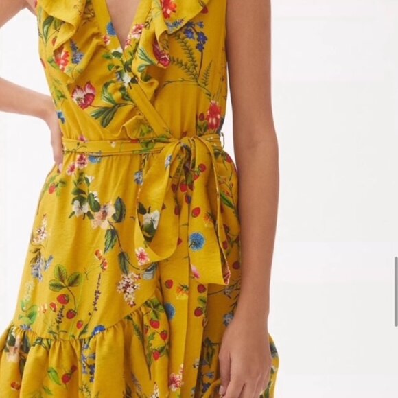 Anthropologie Maeve Floral Faux Wrap strawberry Gold Mustard Yellow Dress - Picture 2 of 16